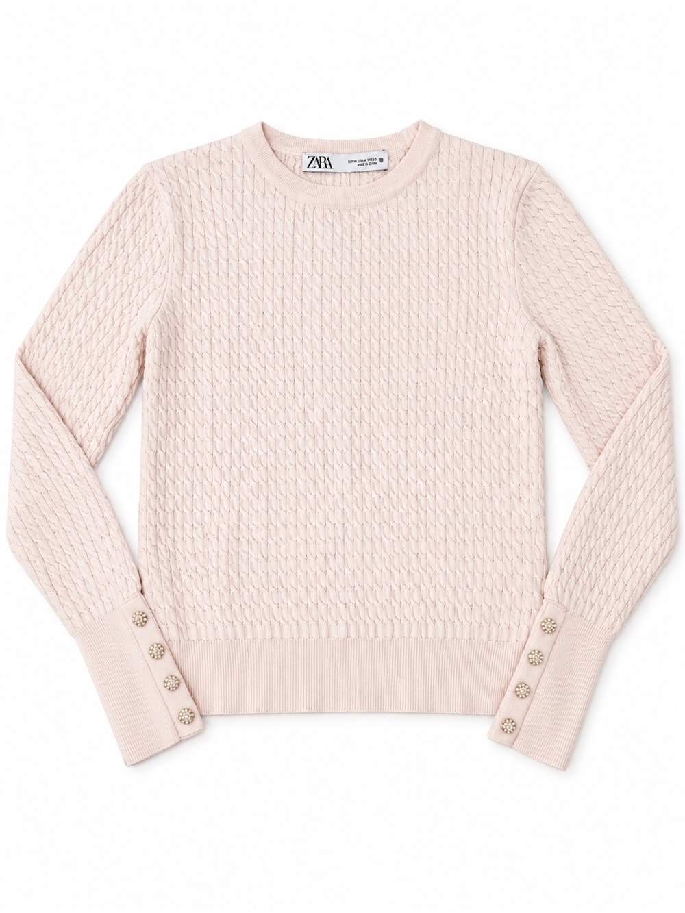 ZARA Blush Pink Textured Knit Sweater Pearl Button Cuffs Size